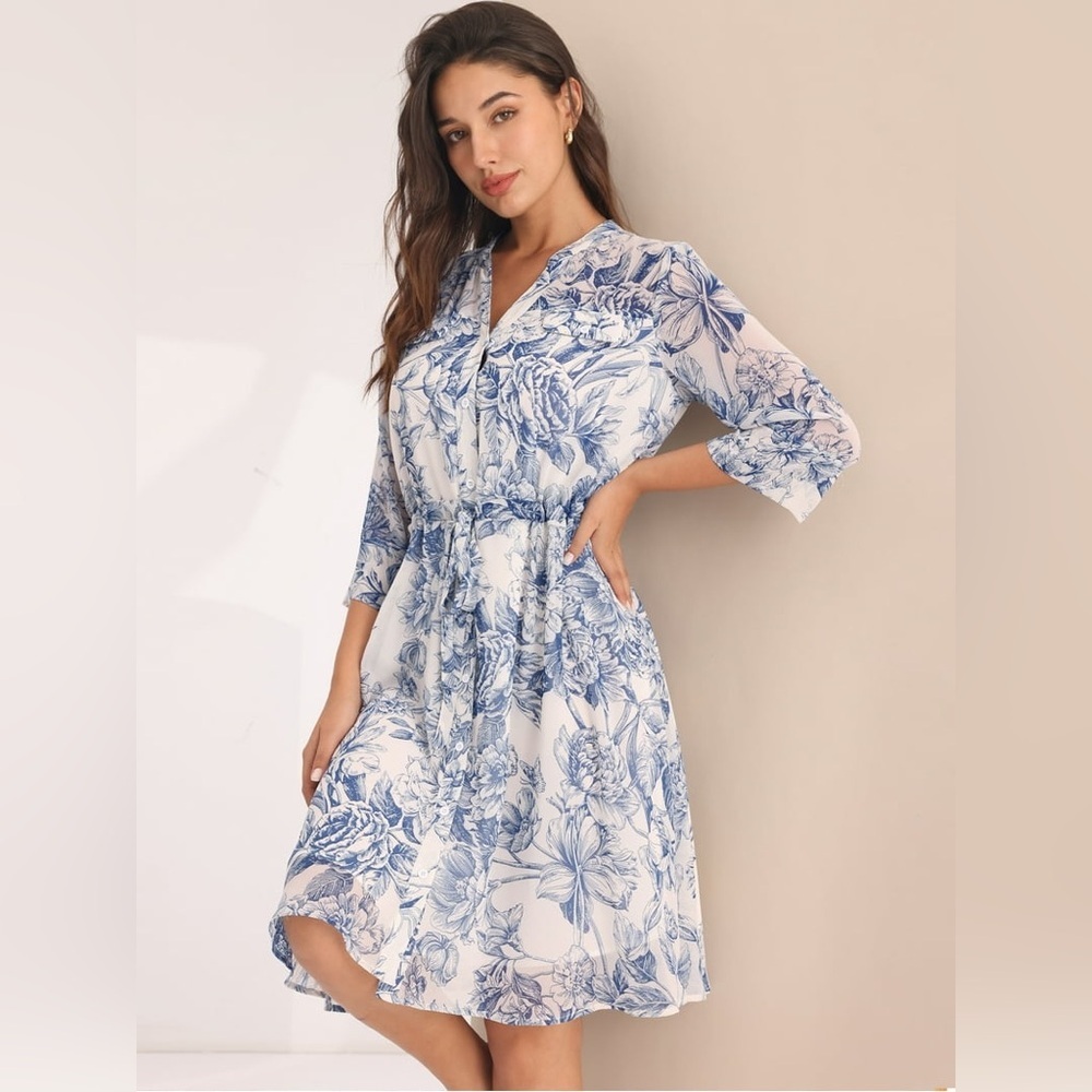 NWT Hobemty Flowy Floral Blue and White 3/4 Sleeve Dress Small